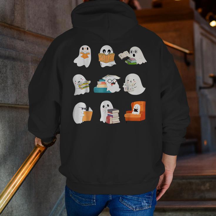 Ghost Reading Teacher Halloween Librarian Book Lover School Men Zip Up Hoodie Back Print, funny gift