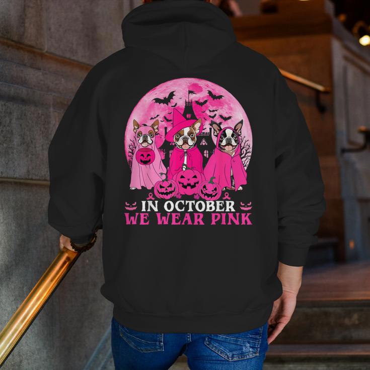 Ghost And Witch Boston Terrier Dog In October We Wear Pink Men Zip Up Hoodie Back Print, Boston Terrier Ghost Hoodies, funny gift