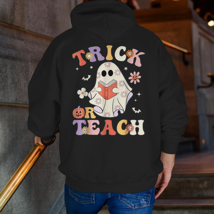 Groovy Halloween Trick Or Teach Retro Floral Ghost Teacher Men Zip Up Hoodie Back Print, Groovy Teacher Hoodies, funny gift