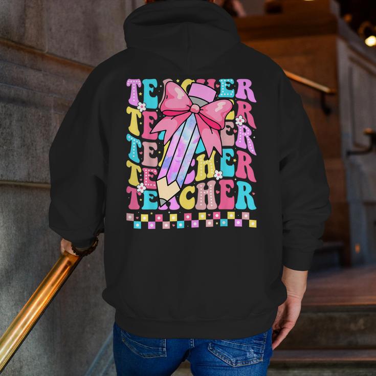 Groovy Teacher Cute Coquette Bow Flower Retro Back To School Men Zip Up Hoodie Back Print, Groovy Teacher Hoodies, funny gift
