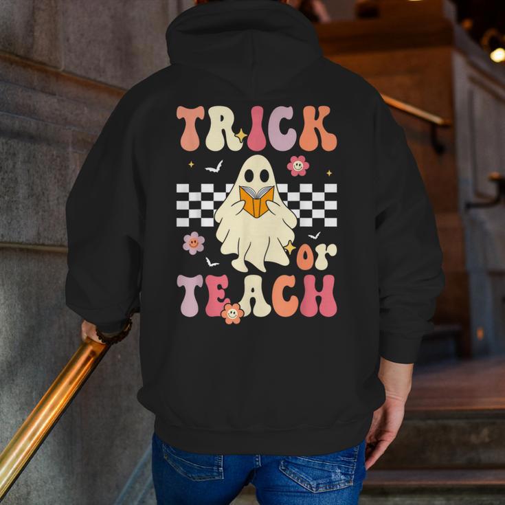 Groovy Teacher Halloween Retro Trick Or Teach Floral Ghost Men Zip Up Hoodie Back Print, Groovy Teacher Hoodies, funny gift