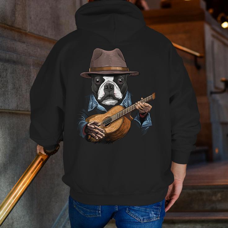 Guitar Shirt Boston Terrier Dog Playing Acoustic Guitar Men Zip Up Hoodie Back Print, funny gift