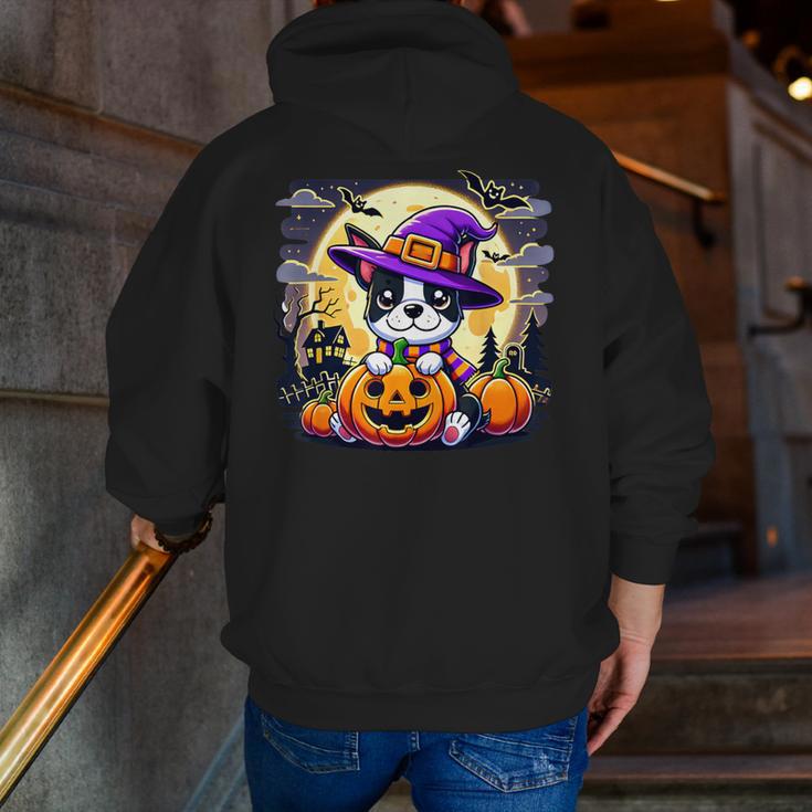 Halloween Boston Terrier Dog Breed With Jack O' Lantern Art Men Zip Up Hoodie Back Print, Boston Terrier Halloween Hoodies, funny gift