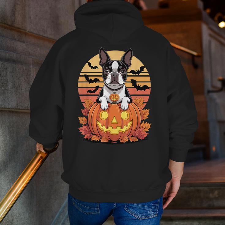 Halloween Retro Boston Terrier Men Zip Up Hoodie Back Print, Boston Terrier Halloween Hoodies, funny gift