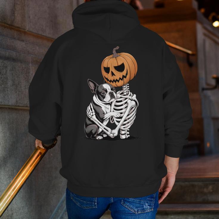 Halloween Skeleton Boston Terrier Men Zip Up Hoodie Back Print, Boston Terrier Halloween Hoodies, funny gift