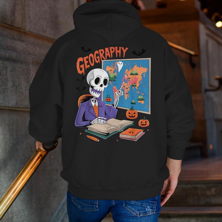 Halloween Skeleton Geography Teacher Pumpkin Bats Classroom Men Zip Up Hoodie Back Print, funny gift