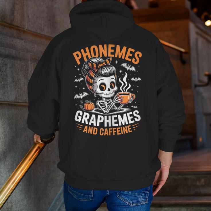 Halloween Skeleton Teacher Phonemes Graphemes Caffeine Lover Men Zip Up Hoodie Back Print, funny gift