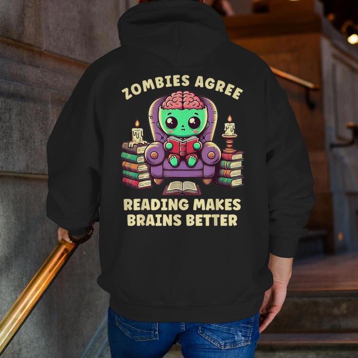 Halloween Teacher Zombie Reading Is Good For Brains Men Zip Up Hoodie Back Print, funny gift