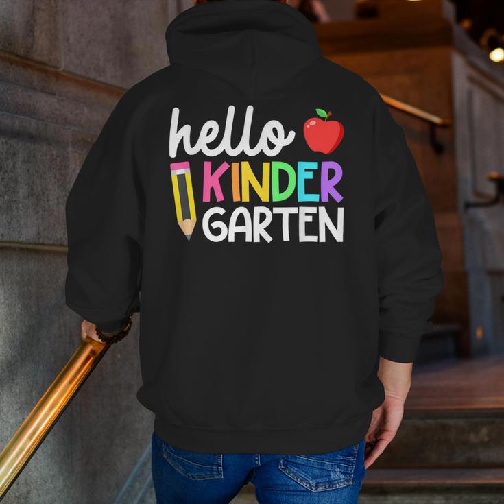 Hello Kindergarten Team Kinder Back To School Teacher Kids Men Zip Up Hoodie Back Print, funny gift