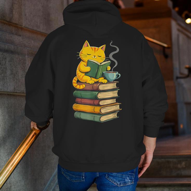 Kawaii Cats Lover Coffee Books Teacher Librarian Cat Men Zip Up Hoodie Back Print, funny gift
