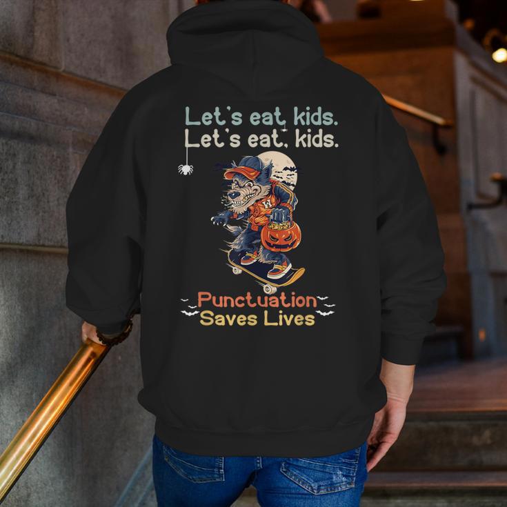 Let's Eat Kids Grammar Werewolf Halloween Teacher Men Zip Up Hoodie Back Print, funny gift