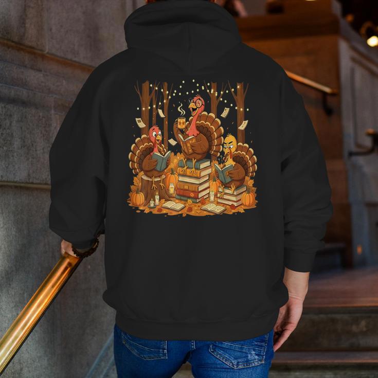 Librarian Turkey Reading Book Fall Thanksgiving Teacher Men Zip Up Hoodie Back Print, funny gift