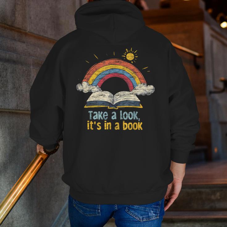 Take a Look It's In a Book Vintage Reading Teacher Rainbow Men Zip Up Hoodie Back Print, funny gift