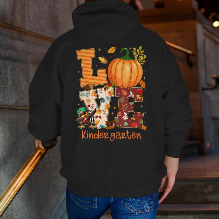 Love Kindergarten Teacher Turkey Thanksgiving Autumn Fall Men Zip Up Hoodie Back Print, funny gift