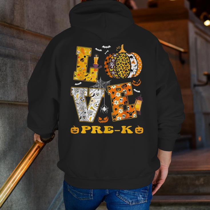 LOVE Pre-K Pumpkin Teacher Student Halloween Costume Men Zip Up Hoodie Back Print, funny gift