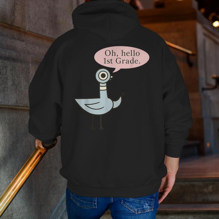 Oh Hello First Graders Cute Pigeon 1st Grade Teacher Men Zip Up Hoodie Back Print, First Grade Teacher Hoodies, funny gift