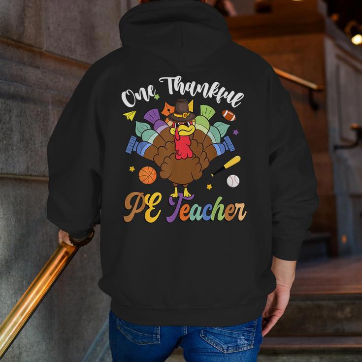 One Thankful PE Teacher Turkey Thanksgiving -Adults & Kids Classic Fit Polyester 100 Short Sleeve Men Zip Up Hoodie Back Print, Pe Teacher Hoodies, funny gift