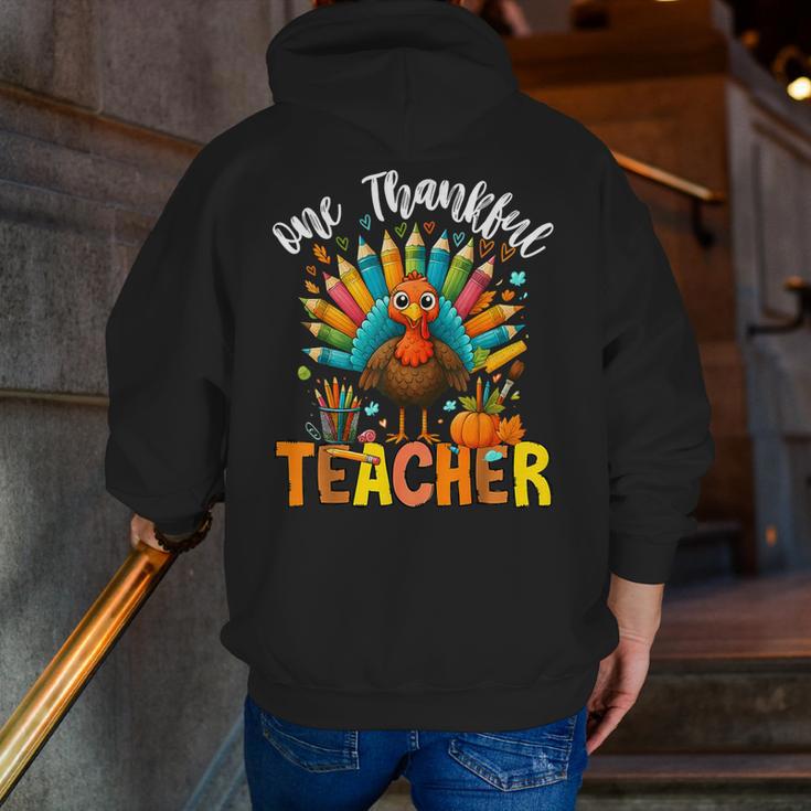 One Thankful Teacher Thanksgiving Turkey Cute Crayon Pencil Men Zip Up Hoodie Back Print, funny gift
