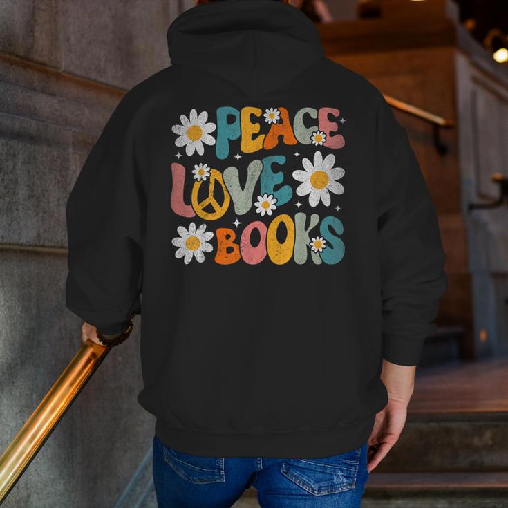 Peace Love Books Bookworm Librarian Reading Teacher Groovy Men Zip Up Hoodie Back Print, Groovy Teacher Hoodies, funny gift