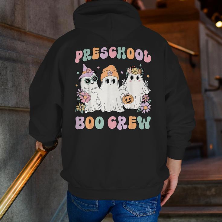 Preschool Boo Crew Groovy Halloween Floral Ghost Teacher Men Women Kids Men Zip Up Hoodie Back Print, Groovy Teacher Hoodies, funny gift