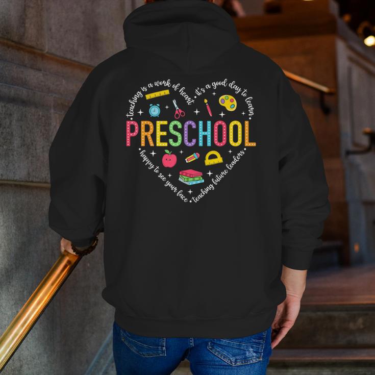 Preschool Teacher Pre-K Heart First Day Of Preschool Kids Men Zip Up Hoodie Back Print, funny gift