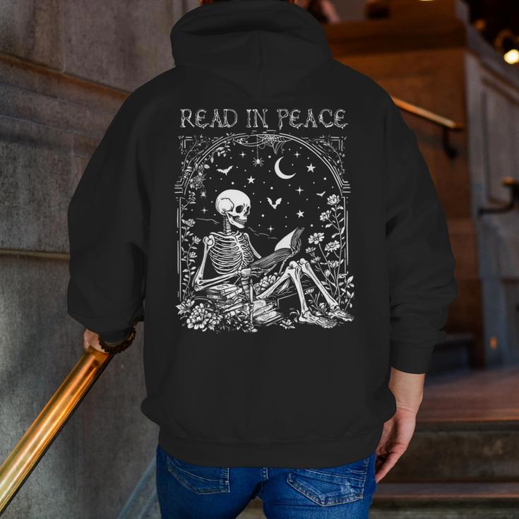 Read In Peace Skeleton Reading Teacher Spooky Halloween Men Zip Up Hoodie Back Print, funny gift