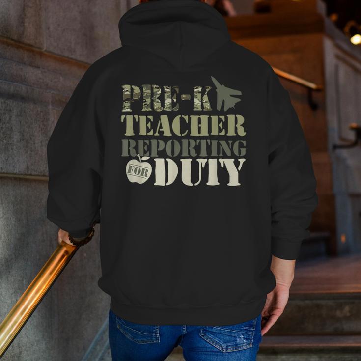 Retro Back To School Women Old Camo Pre-K Teacher Men Zip Up Hoodie Back Print, funny gift