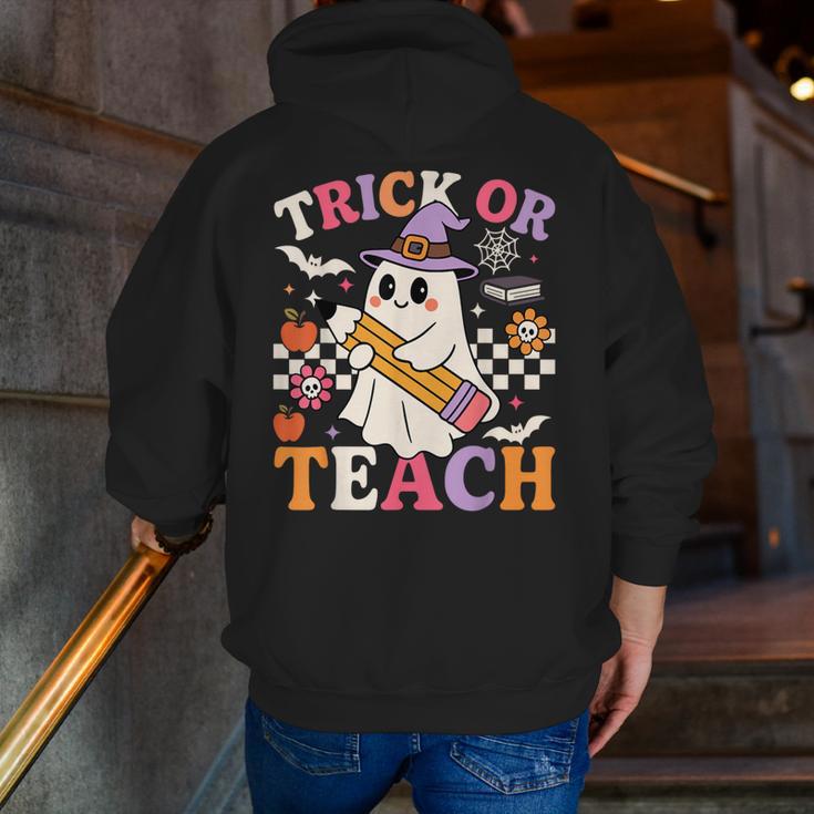 Retro Floral Ghost Trick Or Teach Groovy Teacher Halloween Men Zip Up Hoodie Back Print, Groovy Teacher Hoodies, funny gift