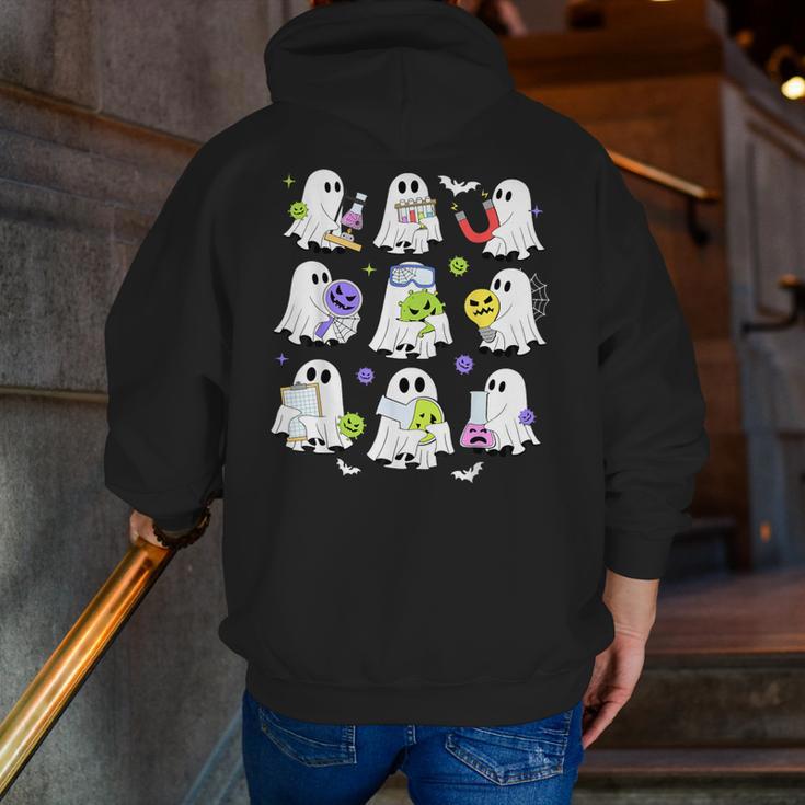 Retro Halloween Science Teacher Ghost Laboratory Teacher Men Zip Up Hoodie Back Print, Science Teacher Hoodies, funny gift