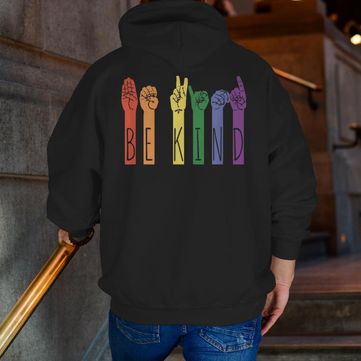 Retro Be Kind ASL Deaf Teacher Sign Language Gay Pride Men Zip Up Hoodie Back Print, funny gift