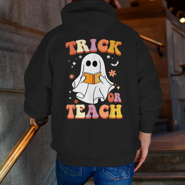Retro Vintage Groovy Trick Or Teach Teacher Halloween For Men Women Kids Men Zip Up Hoodie Back Print, Groovy Teacher Hoodies, funny gift