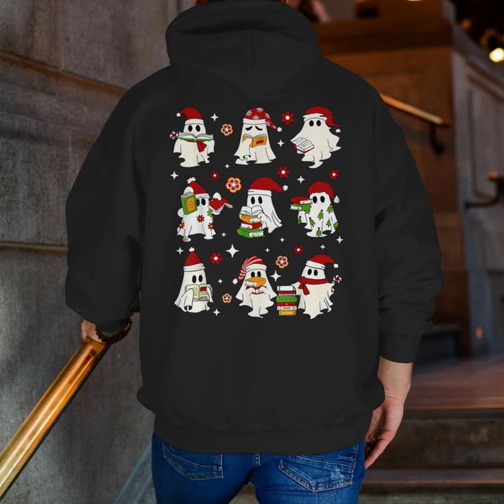 Santa Ghost Reading Books Christmas Library Teacher Men Zip Up Hoodie Back Print, funny gift