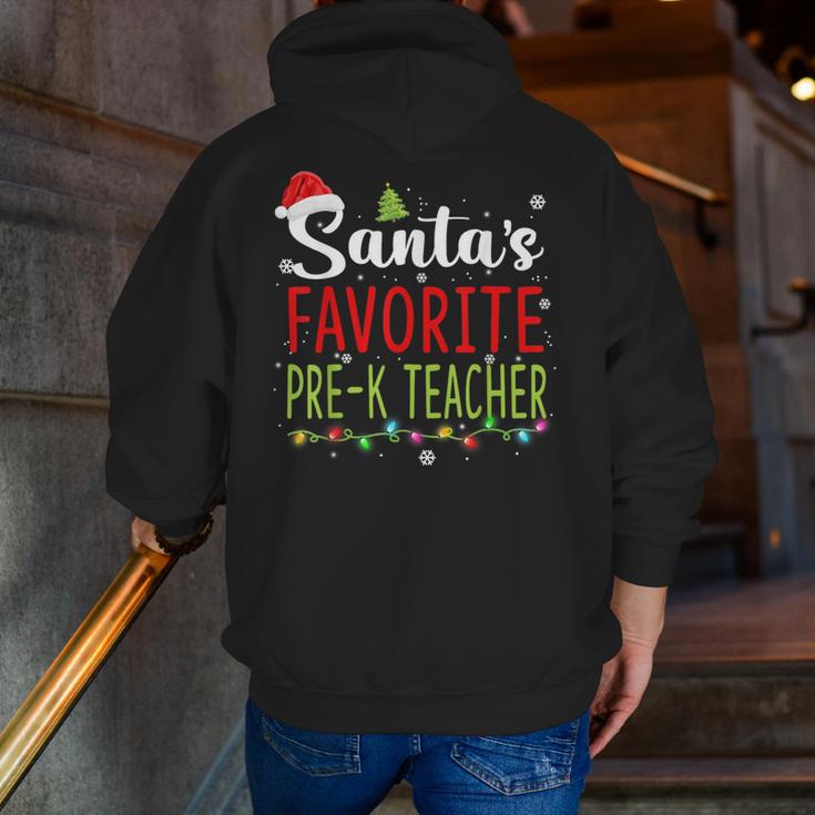 Santa's Favorite Pre-K Teacher Christmas Santa Hat Lights For Men Women Kids Men Zip Up Hoodie Back Print, funny gift