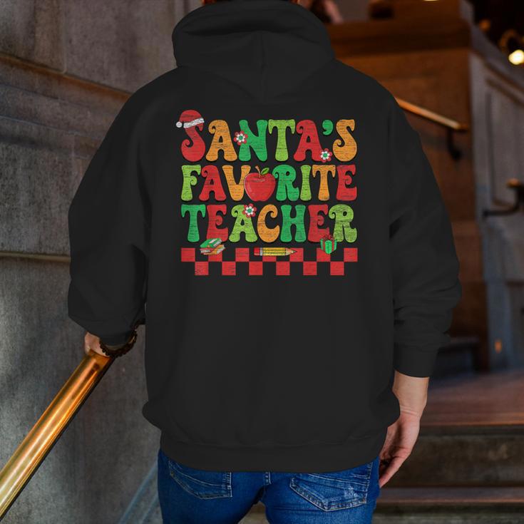 Santas Favorite Teacher Retro Groovy Christmas Xmas Women Men Zip Up Hoodie Back Print, Groovy Teacher Hoodies, funny gift