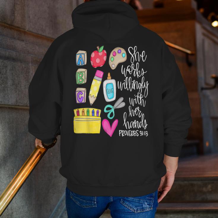 She Works Willingly With Her Hands Proverbs Daycare Teacher Men Women Men Zip Up Hoodie Back Print, funny gift She Works Willingly With Her Hands Proverbs Daycare Teacher Men Women Men Zip Up Hoodie Back Print, funny gift