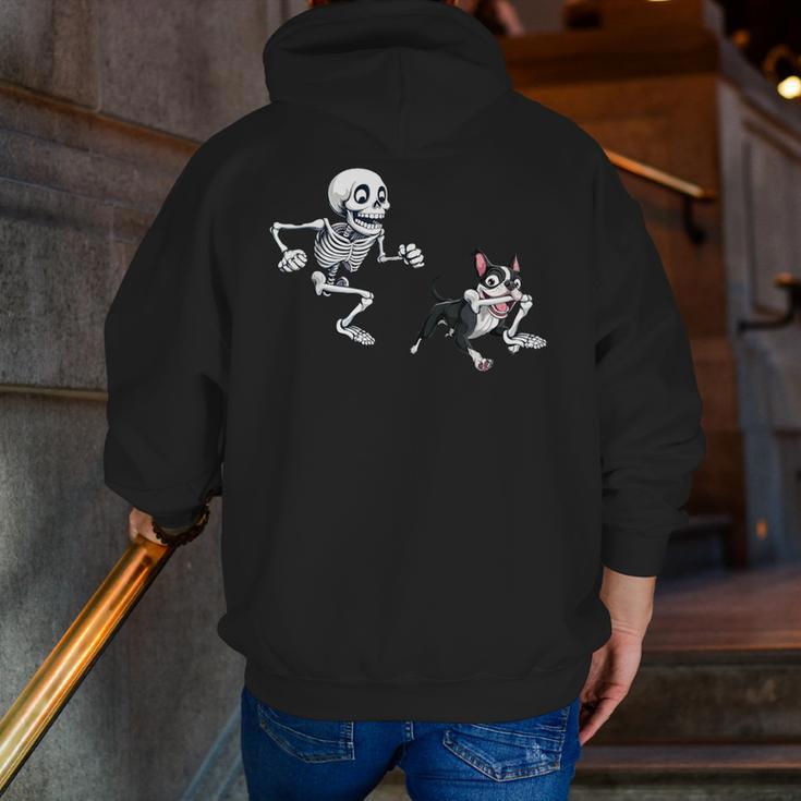 Skeleton Chasing Dog Boston Terrier Halloween Pet Lover Men Zip Up Hoodie Back Print, Boston Terrier Halloween Hoodies, funny gift