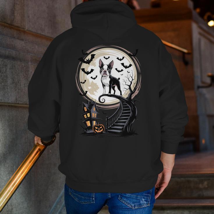 Spooky Halloween Moon Boston Terrier Boston Bull Bostie Men Zip Up Hoodie Back Print, Boston Terrier Halloween Hoodies, funny gift