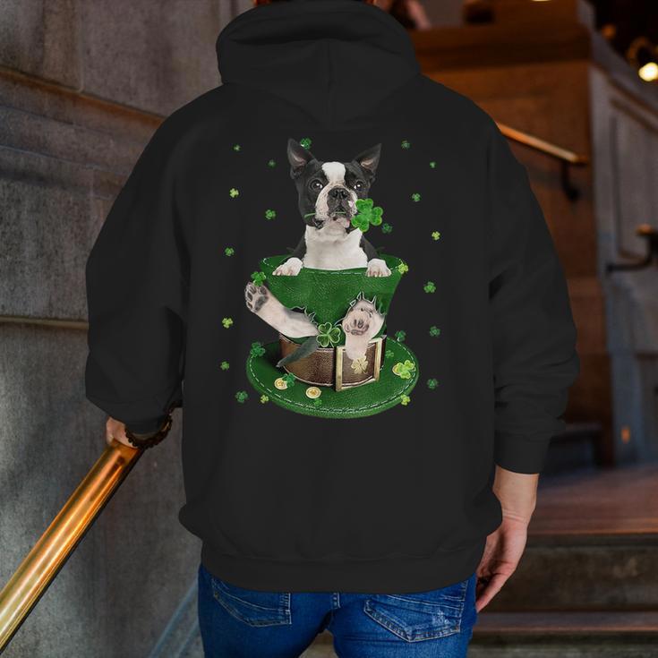 St Patrick's Day Leprechaun Boston Terrier Dog Shamrock For Men Women Kids Men Zip Up Hoodie Back Print, funny gift