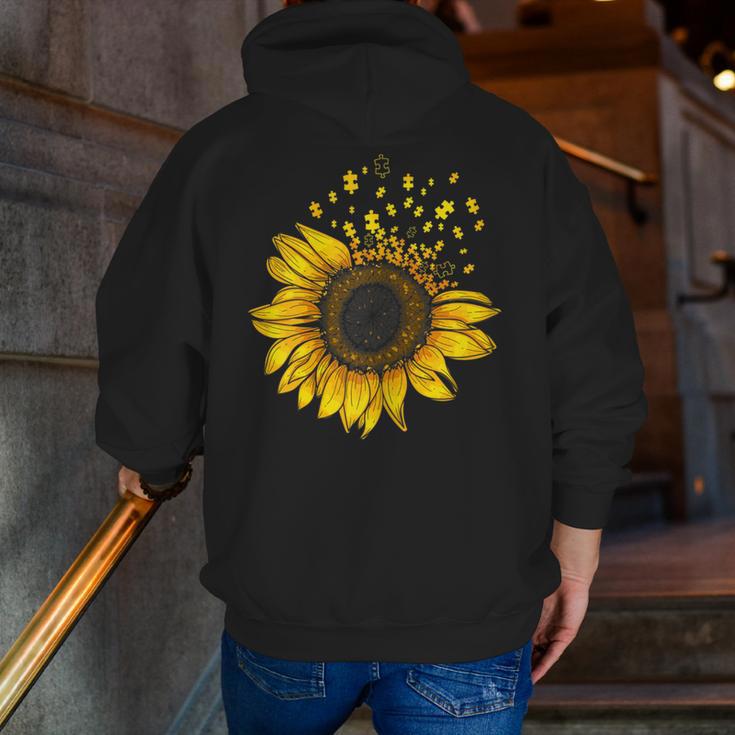 Sunflower Puzzle Pieces Autism Awareness For Mom Teacher For Women Men Zip Up Hoodie Back Print, funny gift