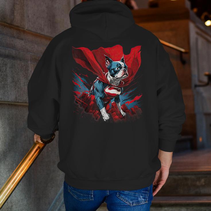 Super Power Superhero Boston Terrier Dog For Men Women Kids Men Zip Up Hoodie Back Print, funny gift