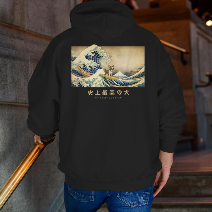 Surfing Boston Terrier Kanagawa Wave Japanese Dog For Men Women Kids Men Zip Up Hoodie Back Print, funny gift