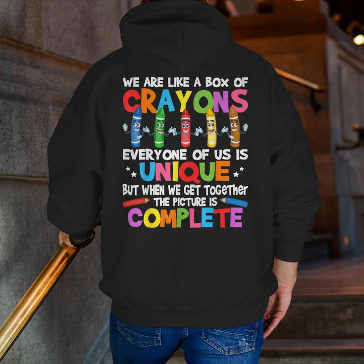 Teacher We Are Like a Box Of Crayons For Men Women Kids Men Zip Up Hoodie Back Print, funny gift