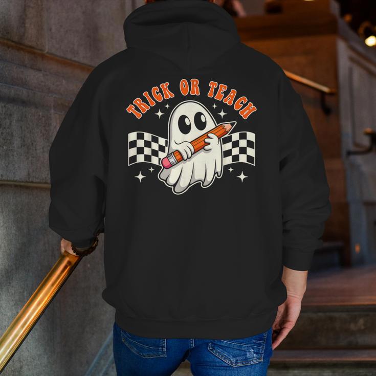 Trick Or Teach Groovy Retro Ghost Halloween Teacher Kids Men Zip Up Hoodie Back Print, Groovy Teacher Hoodies, funny gift Trick Or Teach Groovy Retro Ghost Halloween Teacher Kids Men Zip Up Hoodie Back Print, Groovy Teacher Hoodies, funny gift