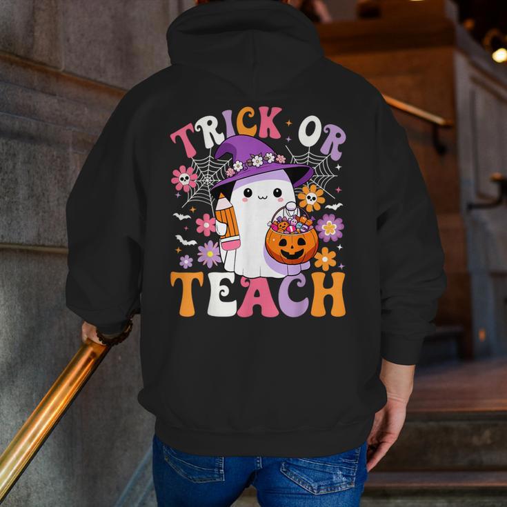 Trick Or Teach Groovy Teacher Ghost Halloween Teacher Men Zip Up Hoodie Back Print, Groovy Teacher Hoodies, funny gift