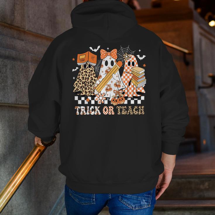 Trick Or Teach Groovy Teacher Halloween Floral Ghost Men Zip Up Hoodie Back Print, Groovy Teacher Hoodies, funny gift