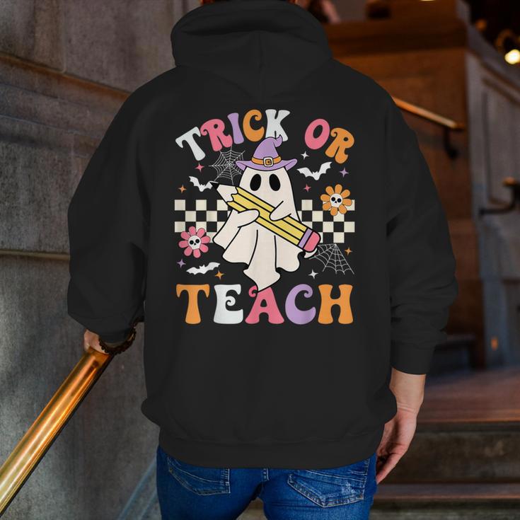 Trick Or Teach Groovy Teacher Halloween Retro Teacher Ghost Men Zip Up Hoodie Back Print, Groovy Teacher Hoodies, funny gift
