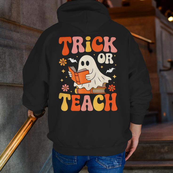 Trick Or Teach Halloween Shirt For Teacher Kids Floral Ghost Men Zip Up Hoodie Back Print, funny gift