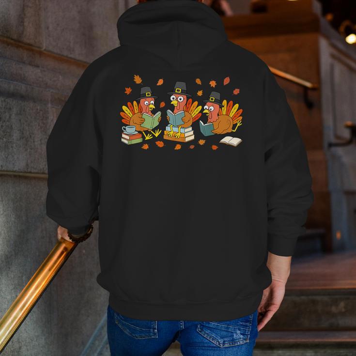 Turkey Reading Books Fall Thanksgiving Teacher Student Men Zip Up Hoodie Back Print, funny gift