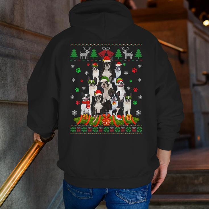 Ugly Sweater Christmas Tree Boston Terrier Dog Xmas Pajama Men Zip Up Hoodie Back Print, Boston Terrier Christmas Hoodies, funny gift
