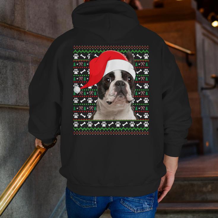 Ugly Xmas Sweater Santa Boston Terrier Dog Christmas For Men Women Kids Men Zip Up Hoodie Back Print, Boston Terrier Christmas Hoodies, funny gift